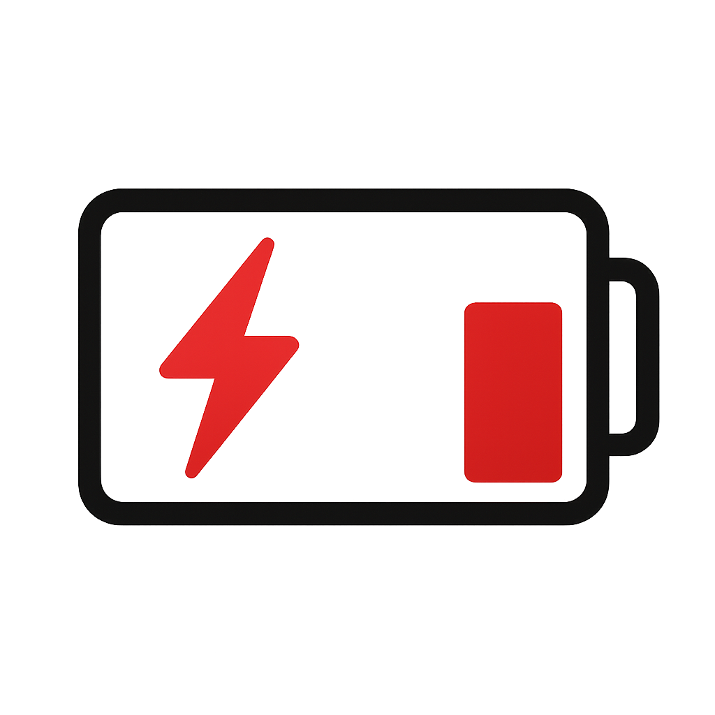 A simple 2D digital illustration of a camera with a red battery icon flashing, symbolizing low energy — a playful nod to overworked tech.