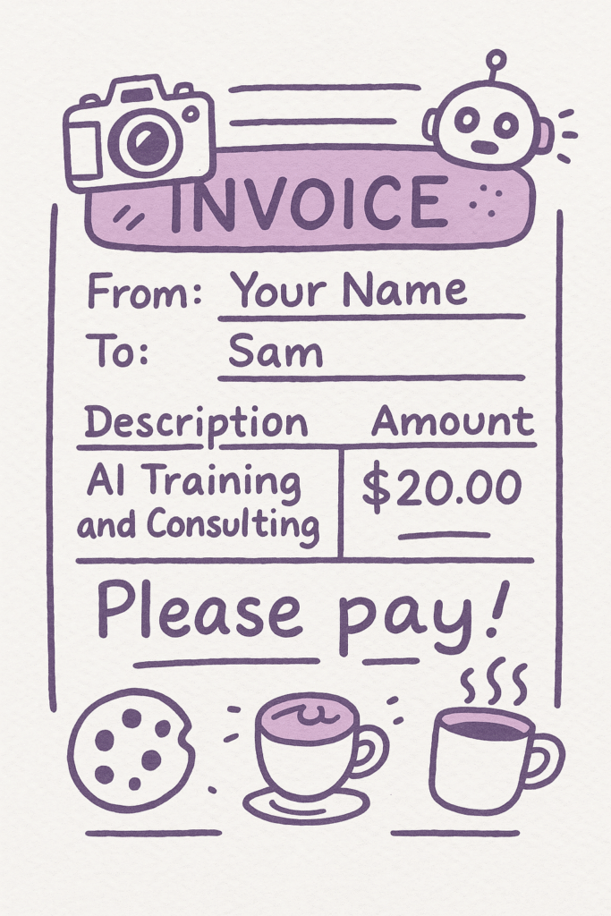 Cartoon invoice with friendly character requesting payment.