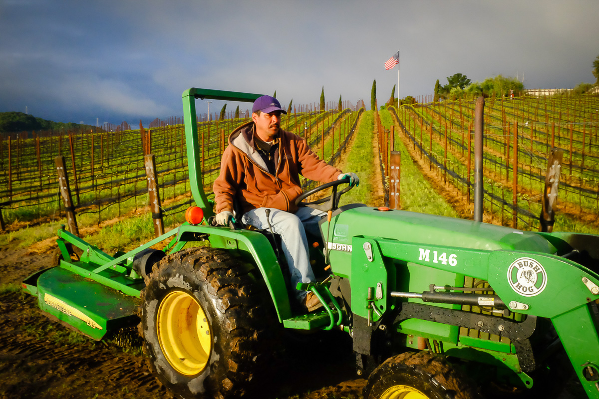 Green John Deere tractor driving through vineyard rows with hills in the background under a partly cloudy sky.