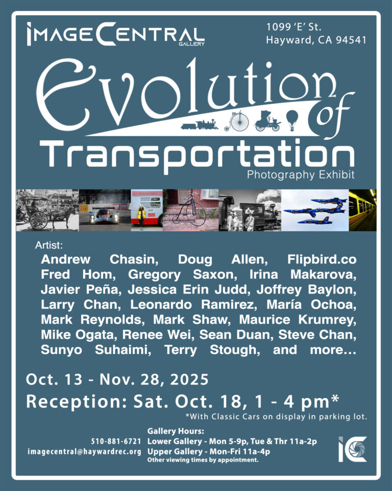 Official show card for the Evolution of Transportation Photography Exhibit at ImageCentral Gallery, featuring thumbnails of submitted photos and exhibition details.